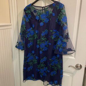 Leslie Fay navy dress with underdress and sheer embroidered overdress Size 16